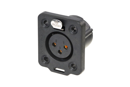 Receptacle TOP series 3 pin female - solder - black/gold - IP 65 and UV rated. Use four screws to mount to panel.