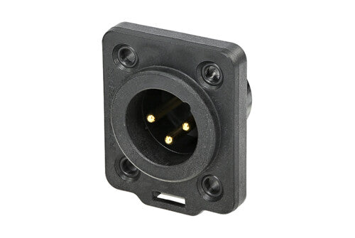 Receptacle TOP series 3 pin male - solder - black/gold - IP 65 and UV rated. Use four screws to mount to panel.
