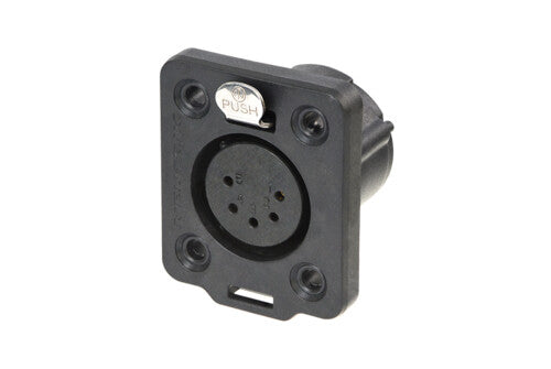 Receptacle TOP series 5 pin female - solder - black/gold - IP 65 and UV rated. Use four screws to mount to panel.