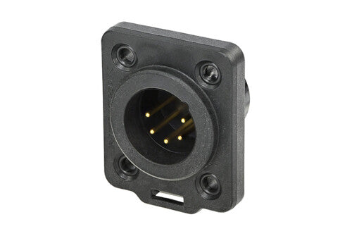 Receptacle TOP series 5 pin male - solder - black/gold - IP 65 and UV rated. Use four screws to mount to panel.