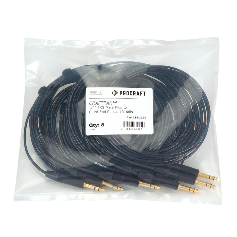 1/4" TRS Male Plug to Blunt End Cable Craftpak™ 15' tails (8pk) - Procraft Supply