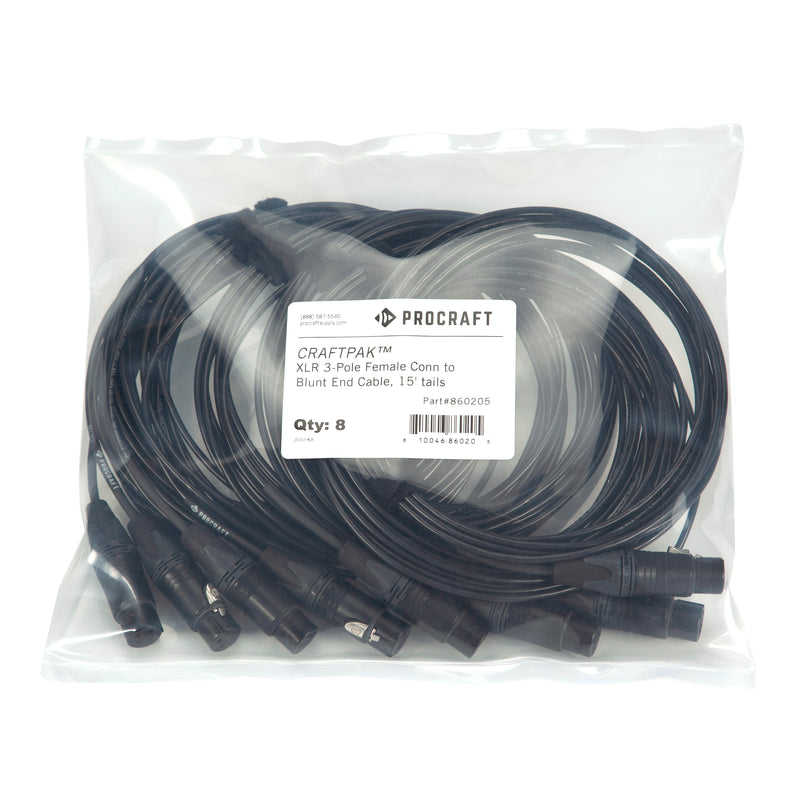 XLR Female 3-Pole Conn to Blunt End Cable Craftpak™ 15' tails (8pk) - Procraft Supply