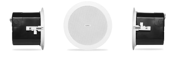 4.5" Two-way ceiling speaker, 70/100V transformer with 16? bypass, 150° conical DMT coverage, includes C-ring and rails for blind mount installation,  Ø195 mm cut-out. Color - White. Priced individually, sold only in pairs. - Procraft Supply