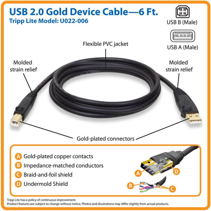 Hi-Speed USB 2.0 Cable, A/B, 6' - Procraft Supply